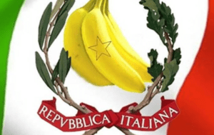 Simbolo della Repubblica Italiana. Un casco di banane sostituisce l'ingranaggio