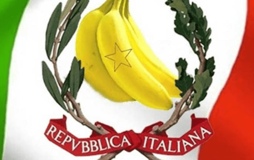 Simbolo della Repubblica Italiana. Un casco di banane sostituisce l'ingranaggio