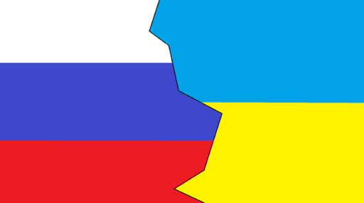 Frammenti delle bandiere russa ed ucraina che si scontrano fra loro