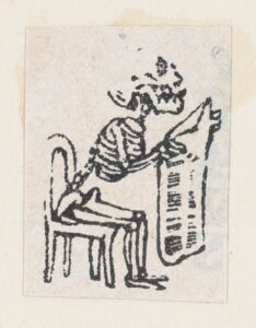 Uno scheletro legge il giornale, seduto