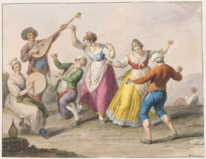 Antica illustrazione raffigurante uomini e donne in abiti settecenteschi che suonano e danzano