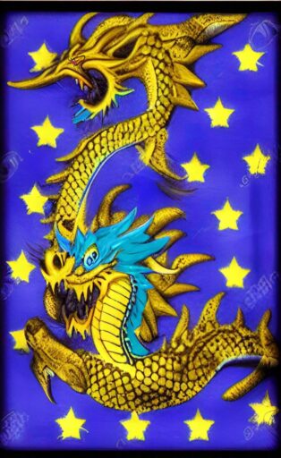 reinterpretazione artistica di due draghi terribili su uno sfondo blu a stelle gialle