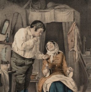 Un uomo dell'ottocento, in camicia e pantaloni, guarda con sospetto una donna, seduta e col capo velato