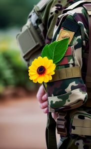 Un militare mostra la manica della mimetica che nasconde un moncherino. Sulla manica è agganciato un grosso fiore giallo
