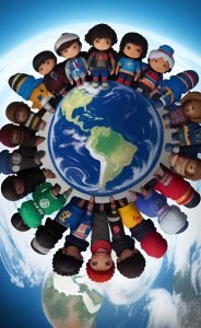 bambini di ogni etnia fanno un girotondo attorno al mondo