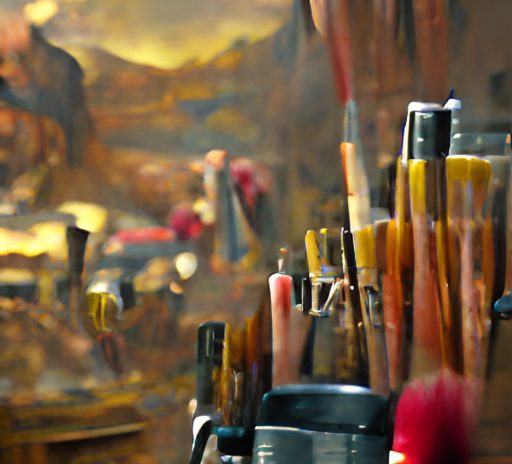 Mucchio di pennelli da pittore in primo piano. Sullo sfondo, un paesaggio dipinto