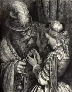 Barbablù consegna il mazzo di chiavi a sua moglie Primula, illustrazione di Gustave Doré
