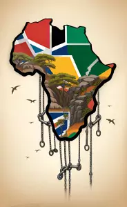 immagine artistica del continente africano che porta appese catene spezzate