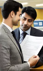 un uomo sorride mentre presenta un documento in banca